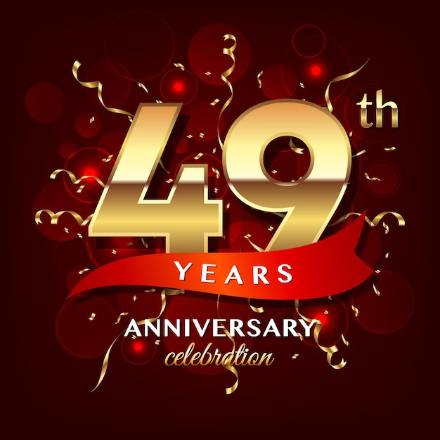 Diseño del logotipo del 49.º aniversario con número dorado y plantilla de vector de logotipo de cinta roja