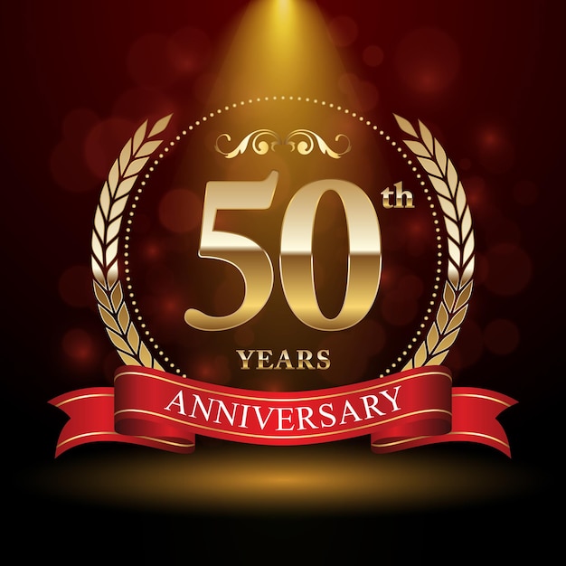 Diseño de logotipo del 50 aniversario con corona de laurel y plantilla de vector de logotipo de cinta roja