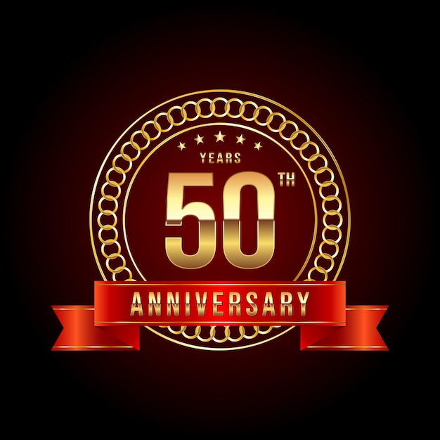 Diseño del logotipo del 50 aniversario con número dorado y cinta roja Ilustración de plantilla de logotipo vectorial