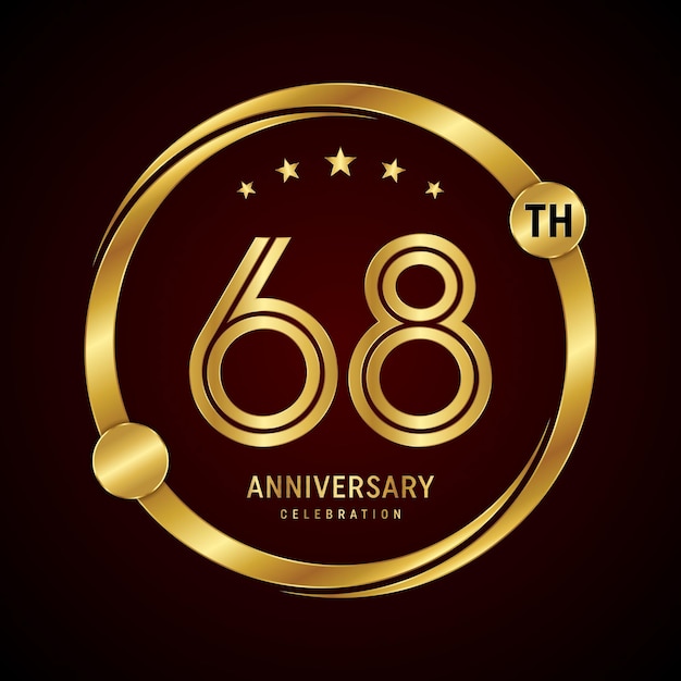 Diseño del logotipo del 68 aniversario con anillo dorado y número Ilustración de plantilla vectorial