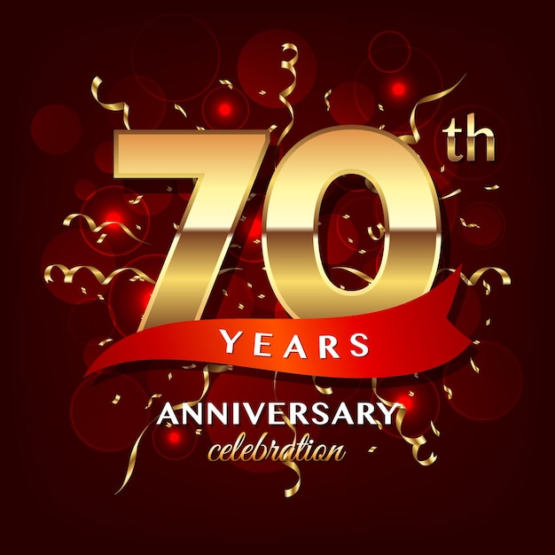 Diseño del logotipo del 70 aniversario con número dorado y plantilla de vector de logotipo de cinta roja