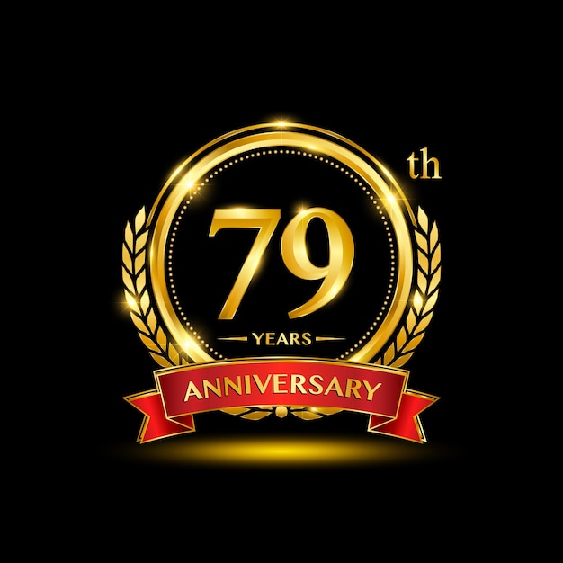 Diseño del logotipo del 79.º aniversario con corona de laurel dorada y cinta roja Diseño vectorial de números dorados