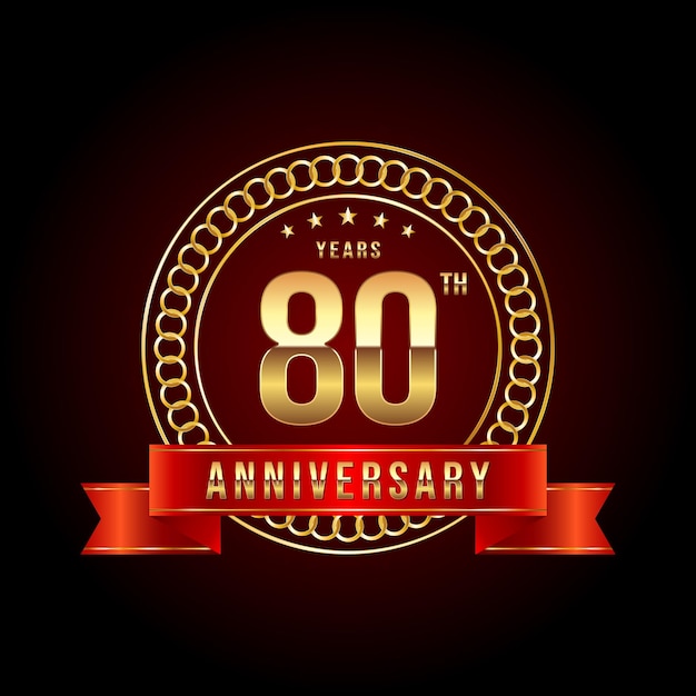 Diseño del logotipo del 80 aniversario con número dorado y cinta roja Ilustración de plantilla de logotipo vectorial
