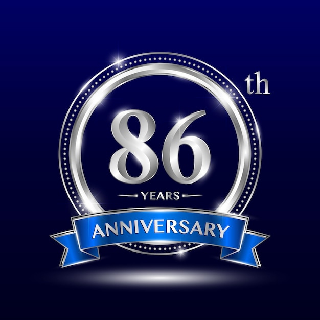 Diseño del logotipo del 86 aniversario con número plateado y cinta azul Diseño vectorial del logotipo Diseño vectorial