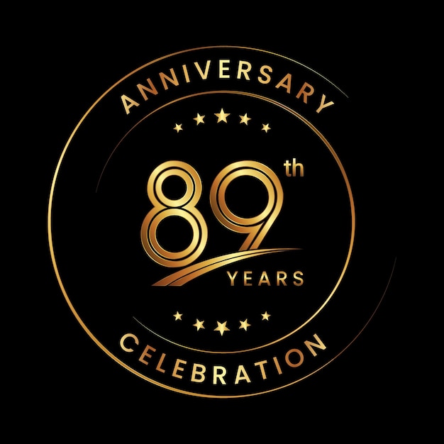 Diseño del logotipo del 89.º aniversario con anillo de color dorado y texto para eventos de celebración del aniversario Logo Vector Template