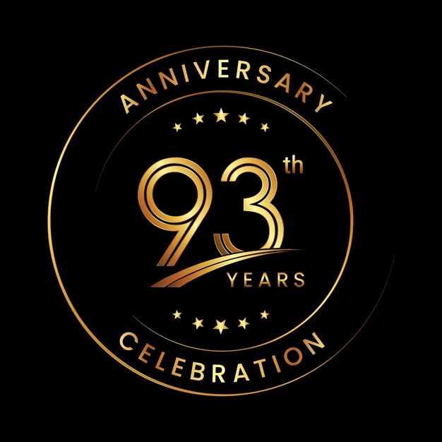 Diseño del logotipo del 93.º aniversario con anillo de color dorado y texto para eventos de celebración del aniversario Plantilla vectorial del logotipo