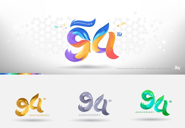 Diseño del logotipo del 94 aniversario Estilo colorido moderno Celebración de números alegres con variación de colores