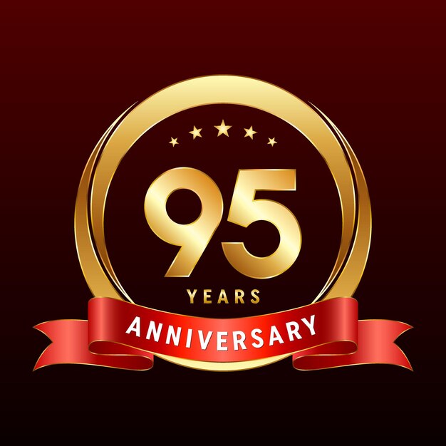 Diseño del logotipo del 95 aniversario con anillo dorado y cinta roja Ilustración de plantilla de vector de logotipo