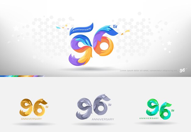 Diseño del logotipo del 96 aniversario Estilo colorido moderno Celebración de números alegres con variación de colores