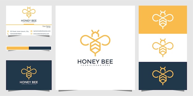 Diseño de logotipo de abeja con líneas elegantes y tarjetas de visita