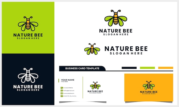 Diseño de logotipo de abeja de miel con concepto de hoja de ala y plantilla de tarjeta de visita
