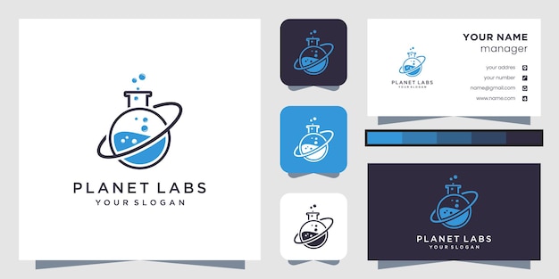 Diseño de logotipo abstracto de laboratorio de planeta creativo y tarjeta de visita.