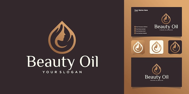 Diseño de logotipo de aceite de belleza de mujer con rostro de mujer y plantilla de diseño de aceite de oliva y tarjeta de visita