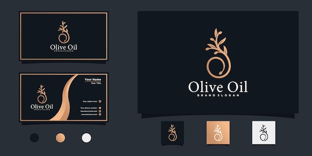 Diseño de logotipo de aceite de oliva con símbolo de icono de rama de hoja de lujo y tarjeta de visita vector premium