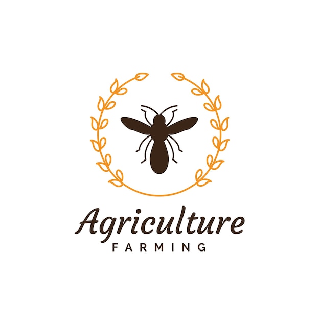 Diseño de logotipo de agricultura agrícola con ilustración de abeja y marco de trigo
