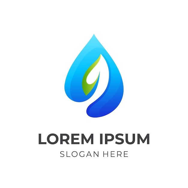 Diseño de logotipo de agua natural Logotipo de combinación de agua y hoja con estilo de color azul y verde 3d