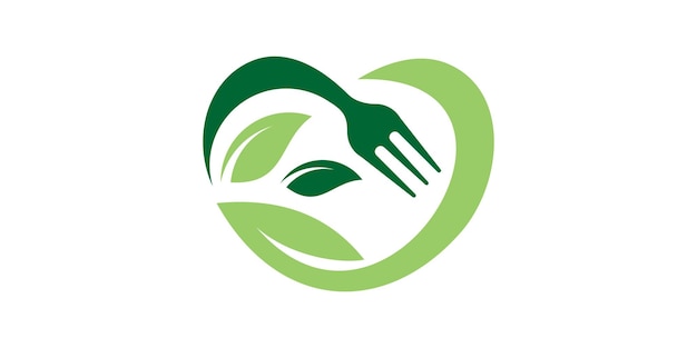 diseño de logotipo de alimentos de salud combinación de tenedor con signo de amor y símbolo de icono vectorial de hoja