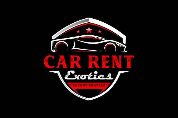 Diseño de logotipo de alquiler de coches caros de lujo, símbolo de icono automotriz forma de escudo de reflexión metálica