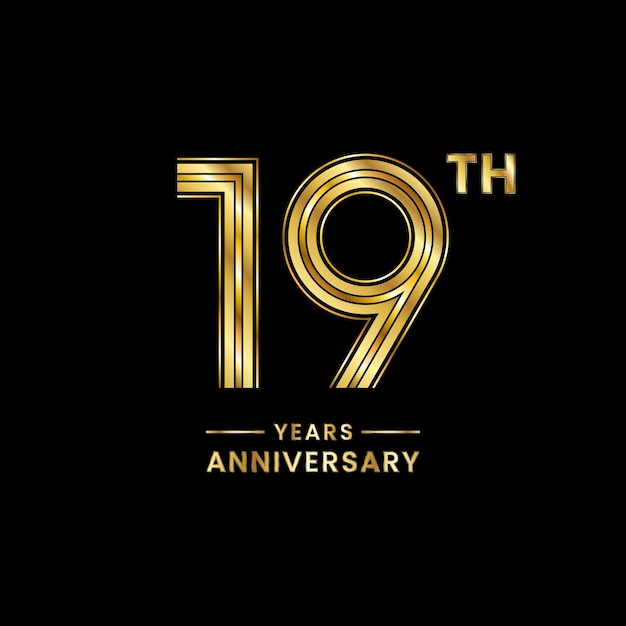 Diseño de logotipo de aniversario de 19 años con número dorado para evento de celebración de aniversario Vector de logotipo