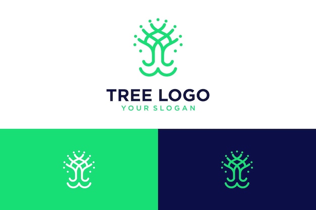 Diseño de logotipo de árbol con arte lineal y verde