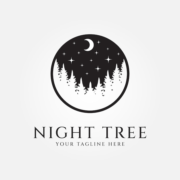 diseño de logotipo de árbol nocturno en el bosque de invierno ilustración vectorial de silueta de Año Nuevo