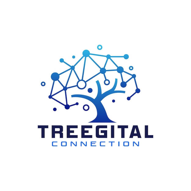 diseño de logotipo de árbol de tecnología digital árbol de ilustración vectorial y comunicación de moléculas conectadas modo