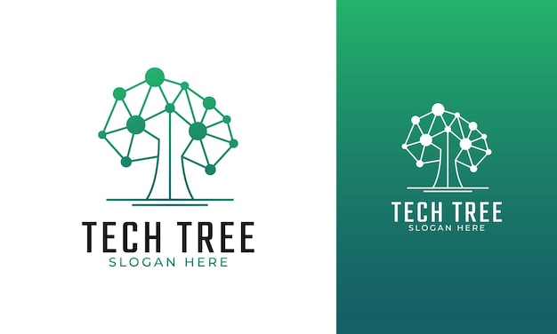 Diseño de logotipo de árbol tecnológico con conexión de punto de hoja