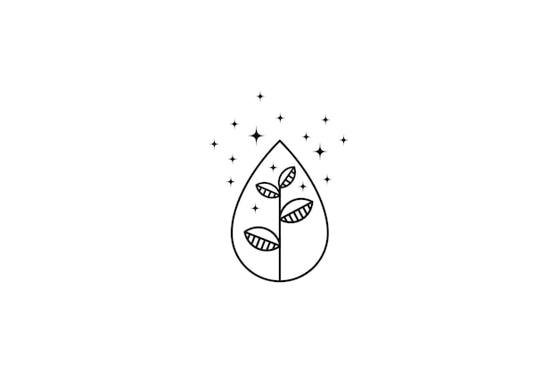 Diseño de logotipo de arte de línea abstracta de gota de agua con una combinación de plantas decoradas con estrellas