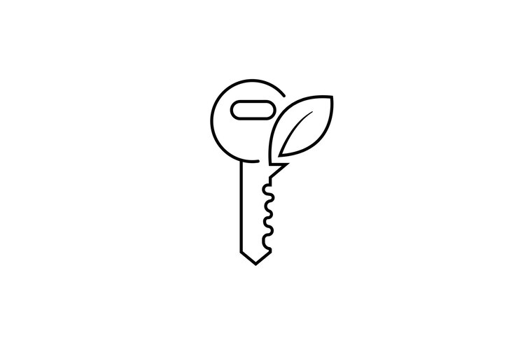 Diseño de logotipo de arte de línea clave con hoja natural.