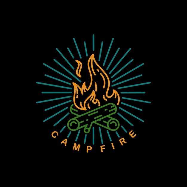 Diseño de logotipo de arte de línea de fuego de campamento vintage