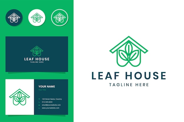 Diseño de logotipo de arte de línea de hoja y casa.