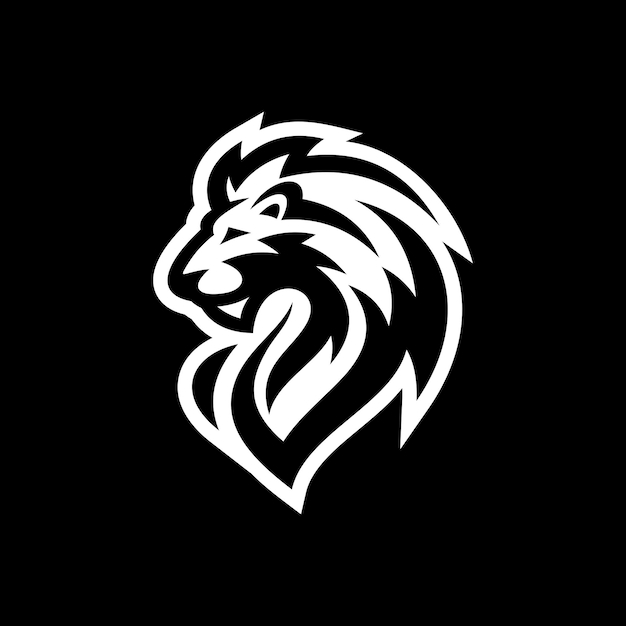 Diseño de logotipo de arte de línea de león feroz. León cabeza pelo melena cresta vector icono sobre fondo oscuro