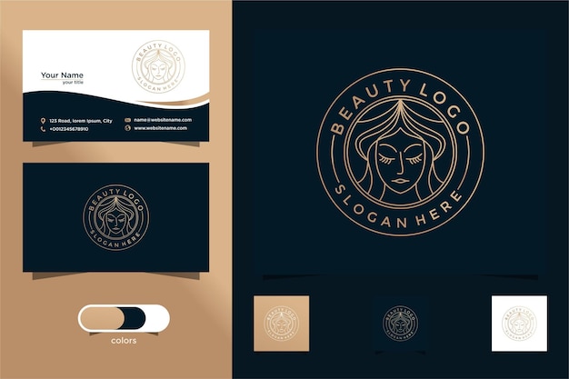 Diseño de logotipo de arte de línea de mujeres de belleza y buen uso de tarjetas de visita para logotipo de salón y spa