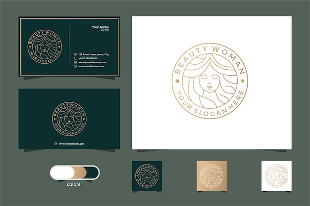 Diseño de logotipo de arte de línea de mujeres de belleza y tarjeta de visita. buen uso para el logotipo de salón y spa