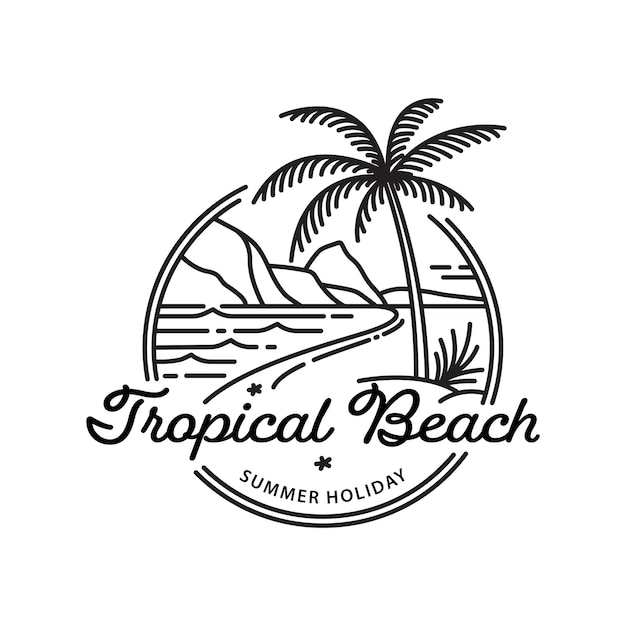 Diseño de logotipo de arte de línea de playa tropical y palmera