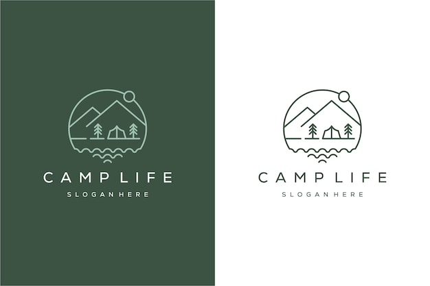 Diseño de logotipo artístico de campamento de madera premium y bosque de pinos en la línea de montaña