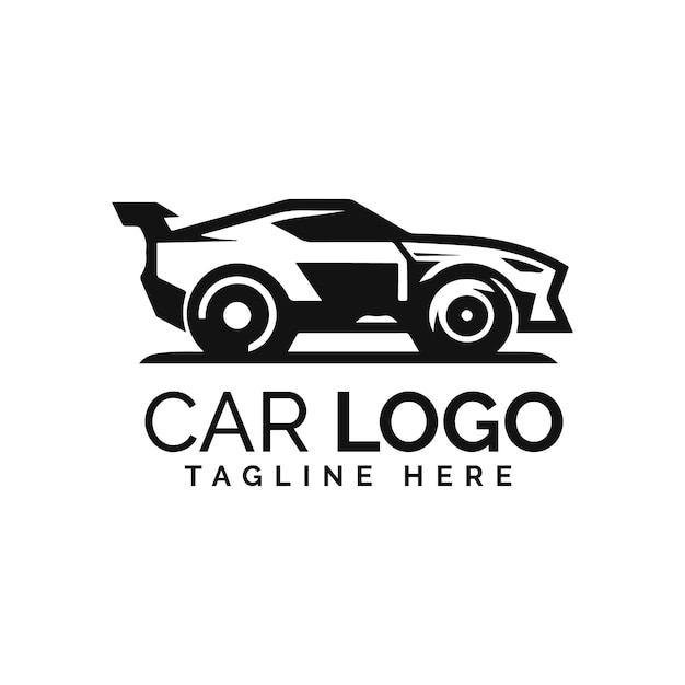 Diseño del logotipo de un automóvil deportivo en blanco y negro con tipografía audaz