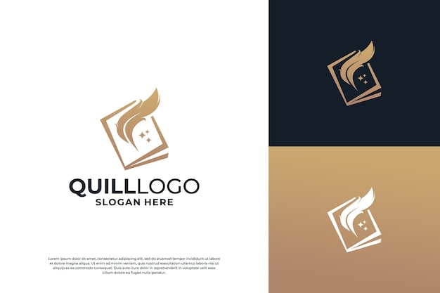 Diseño del logotipo del autor dorado Pluma con diseño del logotipo de combinación de libros