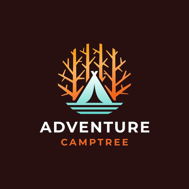 Diseño de logotipo de aventura de campamento y árbol