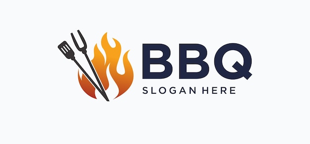 Diseño del logotipo de barbacoa con el logotipo de BBQ del vector de fuego ardiente