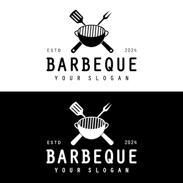 Diseño del logotipo de la barbacoa Símbolo de parrilla con espátula de fuego y concepto de tenedor Vector de insignia de barbacoa vintage