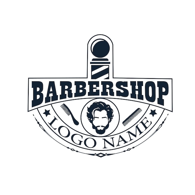 Diseño de logotipo de barbería con adornos antiguos e ilustración de letras retro en formato vectorial.