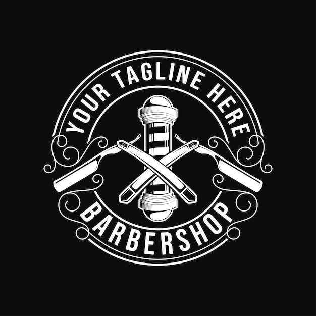 Diseño del logotipo de la barbería con ilustraciones de la barra de barbería y las máquinas de afeitar perfectas para los barberos