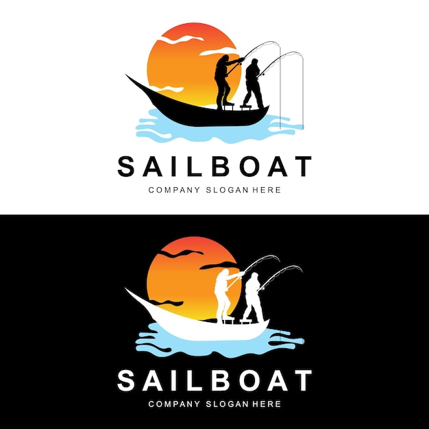 Diseño del logotipo del barco de vela Ilustración del barco de pesca Compañía de barcos de pesca Marca Vector Icono Tienda de barcos Diseño de la tienda de pescado Transporte