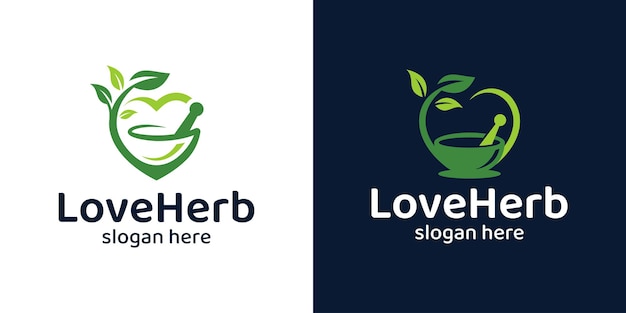 Diseño de logotipo a base de hierbas con Mortar Pestle Leaf y vector gráfico de diseño de amor de corazón