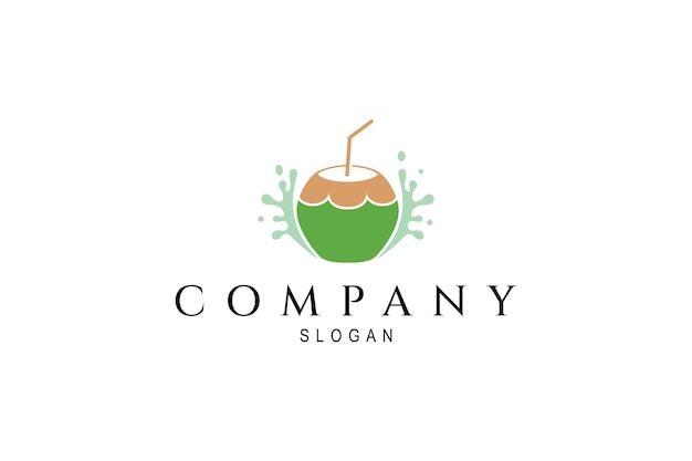 Diseño del logotipo de la bebida de coco de Vector con salpicaduras de agua de coco fresca