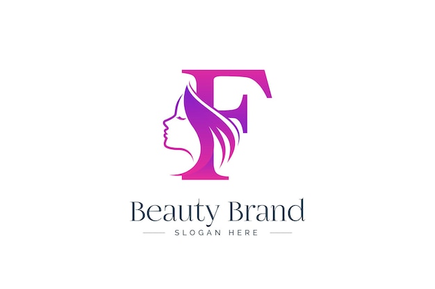 Diseño de logotipo de belleza letra F. Silueta de rostro de mujer aislada en la letra F.