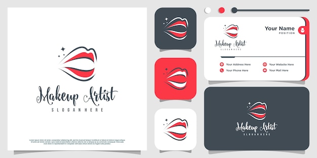 Diseño de logotipo de belleza de maquillaje con concepto de labios Vector Premium