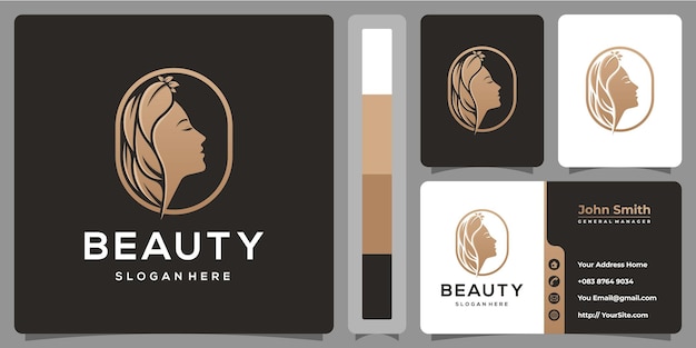 Diseño de logotipo de belleza mujer naturaleza con plantilla de tarjeta de visita