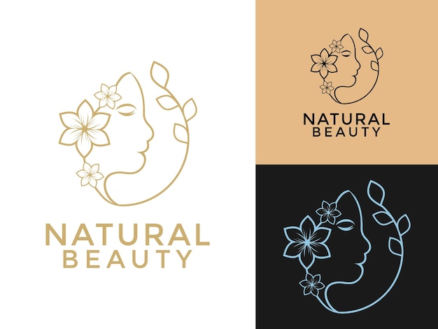 Diseño de logotipo de belleza para mujeres Arte de línea belleza natural para mujeres rostro y cabello con vector de logo de flor